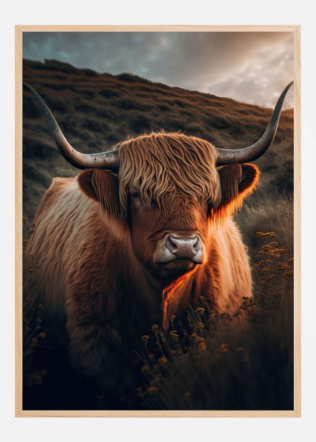 Highland Cow With Big Horns Постер