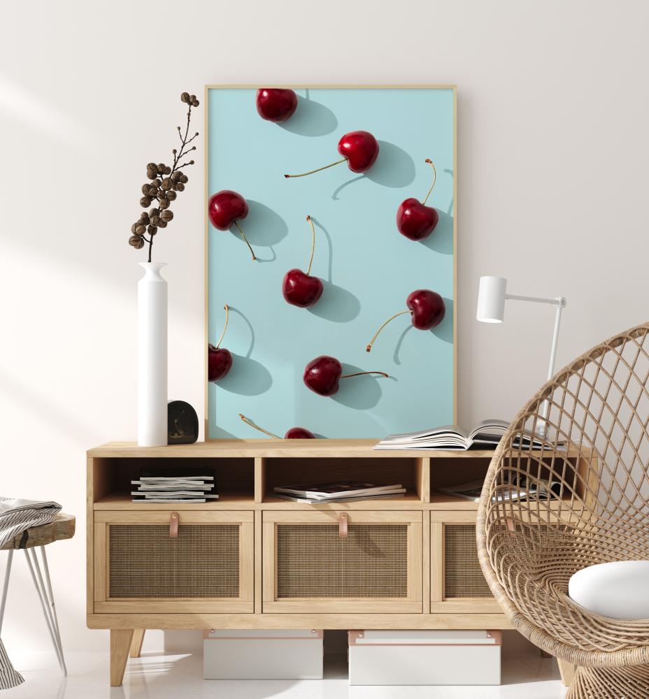 Cherries On Turquoise Постер