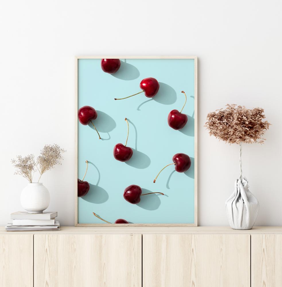 Cherries On Turquoise Постер