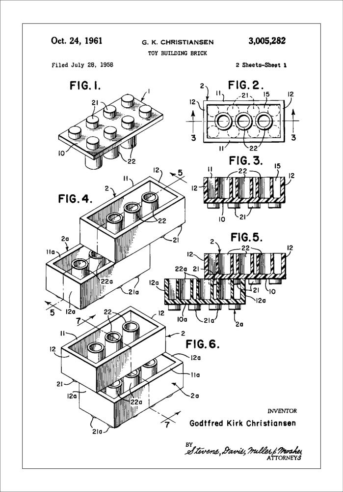 Patent Print - Lego Block I - White Постер