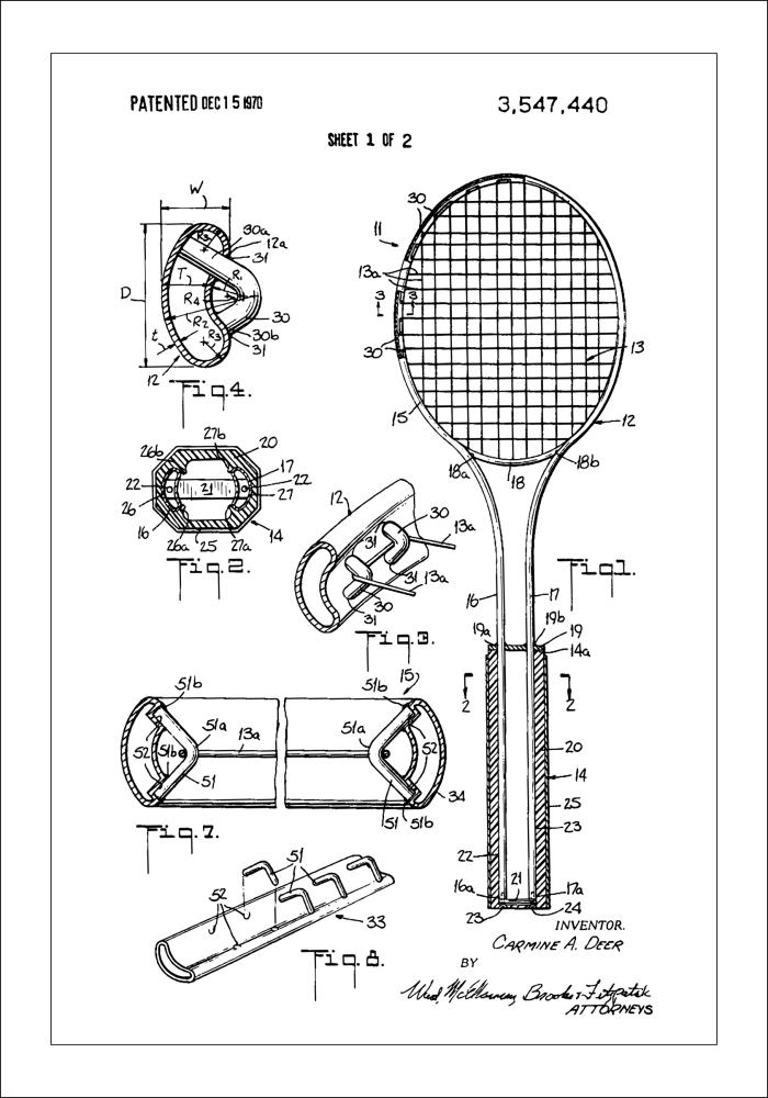 Patent Print - Tennis Racket - White Постер