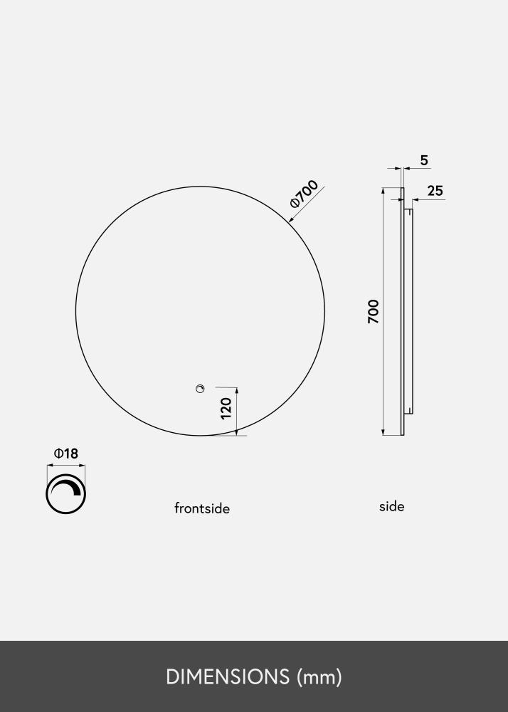 KAILA Огледало LED 70 cm Ø