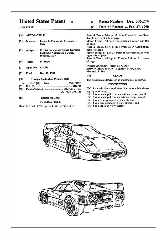 Патентен чертеж - Ferrari F40 в Постер