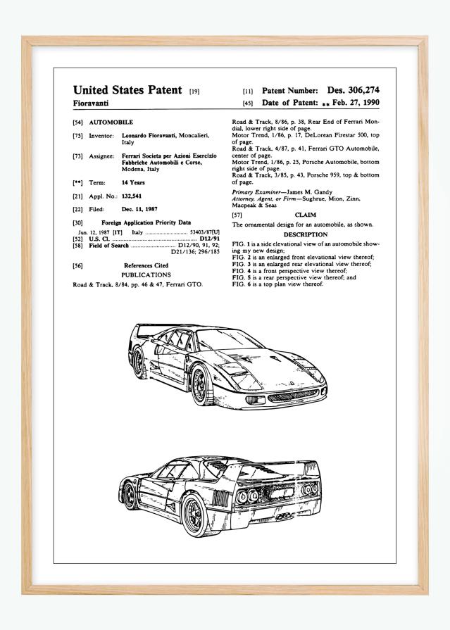 Патентен чертеж - Ferrari F40 в Постер